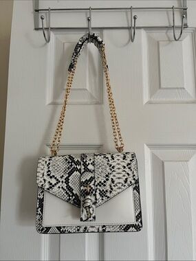 Aldo Black & White Snake-Print Chain Shoulder Bag